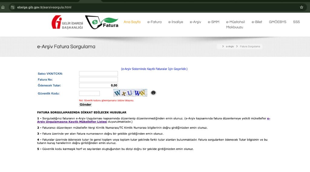 GİB e-Arşiv Fatura Sorgulama ekranı: Satıcı VKN/TCKN, Fatura No, Ödenecek Tutar, Güvenlik Kodu ve Gönder