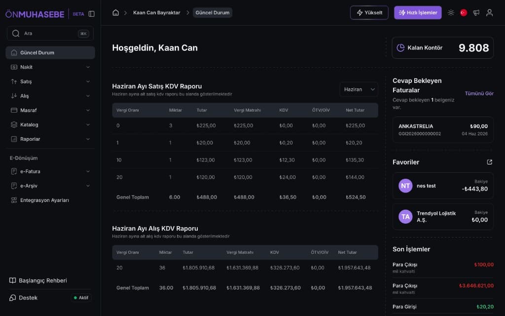 NES Ön Muhasebe — koyu tema dashboard